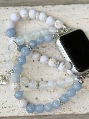 Apple Watch Band 42/44mm Aquamarine Opal Crystal Silver Initial Charm Bracelet